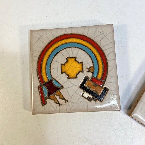 Set 2 Vintage Italian Hand Painted Ceramic Tile Trivet Native American Art 4 in - Picture 2 of 9